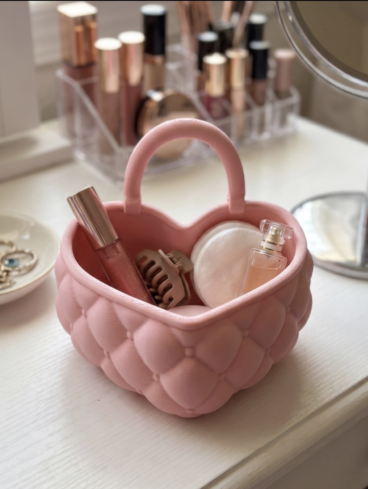 Quilted Heart Vanity Basket & Makeup Organizer